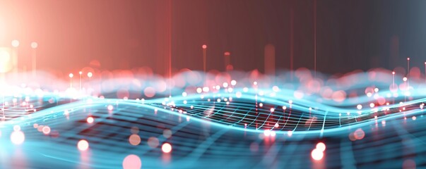 Poster - Abstract digital landscape with interconnected dots and lines, representing data networks and technological advancements, with space for branding.