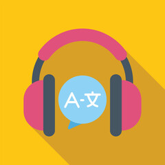 Poster - language learning concept with headphones and speech bubble showing translation from english to chin