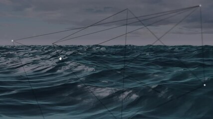 Poster - Ocean waves with geometric lines and points animation over cloudy sky background