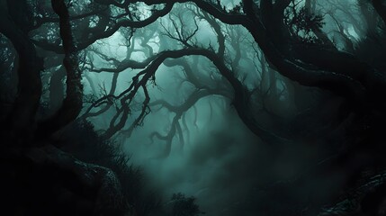 Wall Mural - a fog-filled dark forest with deep shadows and twisted forms