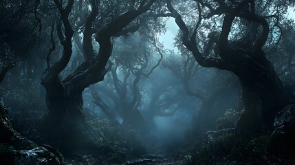 Wall Mural - a dark forest with twisted trees and fog creating an eerie atmosphere