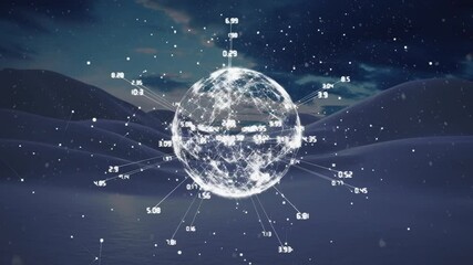 Poster - Glowing globe with data points animation over snowy mountain landscape