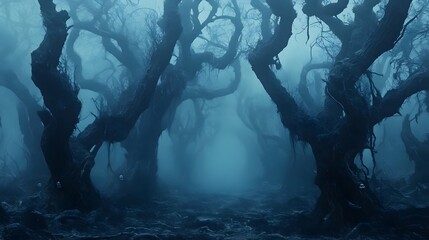Wall Mural - a foggy dark forest with twisted trees and hidden halloween creatures