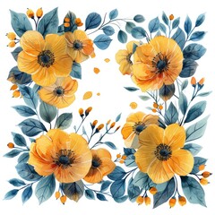 Sticker - square border of yellow flowers and green leaves on a white background