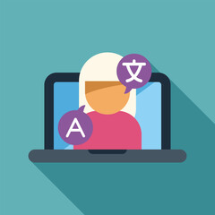 Poster - woman using online translator on laptop for learning foreign languages and online education
