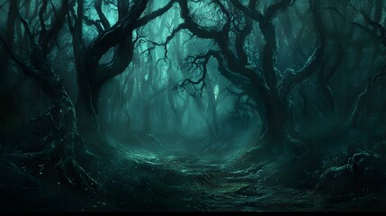 Wall Mural - a dark forest with deep dark colors and twisted trees creating unease