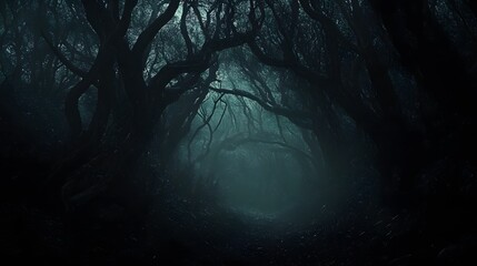 Wall Mural - a dark forest with deep dark colors and twisted trees creating unease