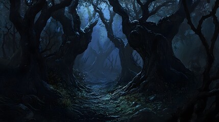 Wall Mural - a dark forest with exaggerated shadows and twisted trees