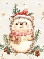 Poster - Christmas hedgehog in a woolen hat art illustration