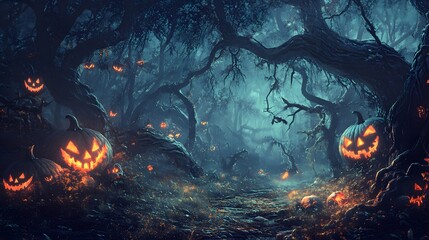 Wall Mural - a dark mysterious forest with hidden halloween creatures and twisted forms