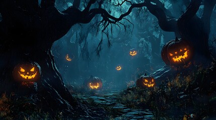 Wall Mural - a dark mysterious forest with hidden halloween creatures and twisted forms