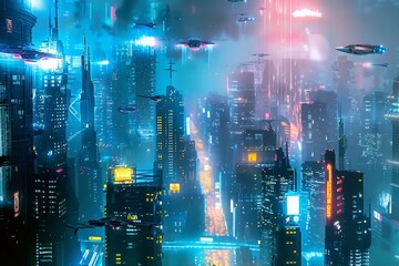 Canvas Print - A cityscape filled with towering futuristic buildings illuminated by neon lights, Show a futuristic cityscape with neon lights and flying cars