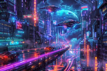Poster - A futuristic cityscape glows with neon lights as a spaceship flies overhead, Show a futuristic cityscape with neon lights and flying cars