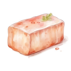 Watercolor illustration of a delicious tofu block garnished with green herbs, perfect for culinary and food-related projects.