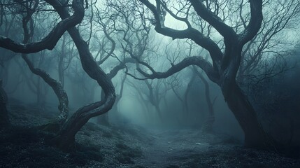 Wall Mural - a spooky forest with twisted trees and hidden creatures creating unease