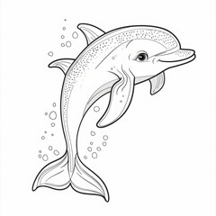 Illustration of a dolphin with bubbles on a white background. Black and white line art drawing. Marine life and aquatic animal concept for design and print. Generative AI