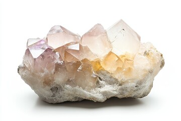 Wall Mural - A cluster of translucent quartz crystals with purple and yellow hues on a rocky base.