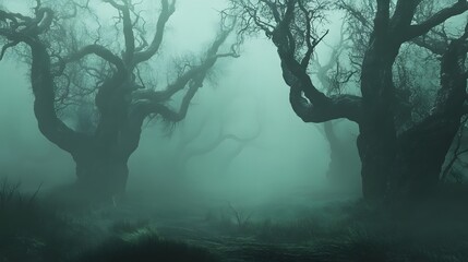 Wall Mural - a spooky atmosphere with twisted trees and hidden creatures in a foggy forest