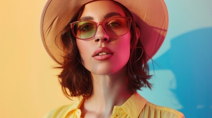 Wall Mural - Portrait of trendy woman wearing hat and glasses. AI generated images