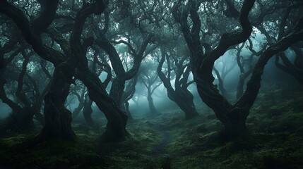 Wall Mural - a dark forest with twisted trees and fog creating a sense of unease
