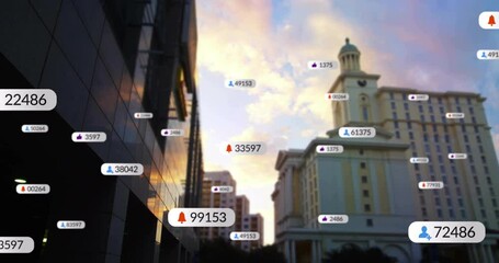 Poster - Social media notifications animation over cityscape with buildings at sunset