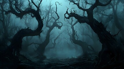 Wall Mural - a spooky atmosphere with hidden creatures and twisted trees in a dark forest