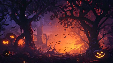 Wall Mural - a mysterious forest with deep shadows and hidden halloween creatures