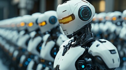  A group of robots in white and black armor, with yellow lenses on their heads, standing next to each other