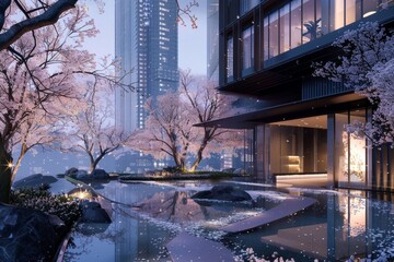 Poster - a grand building stands tall beside a serene pond, showcase the blend of natural elements, such as c