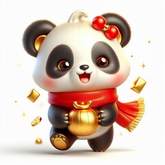 Wall Mural - cute 3d Chinese style happy gold panda teddy bear character with red scarf, holding gold, new year theme