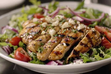 Poster - A white plate filled with grilled chicken, lettuce, and tomatoes for a fresh and tasty meal, Showcase the delicious toppings on a grilled chicken salad