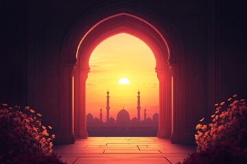 Wall Mural - Mosque sunset islamic frame, vertical image, social media story, Ramadan or islamic concept wallpaper , ai