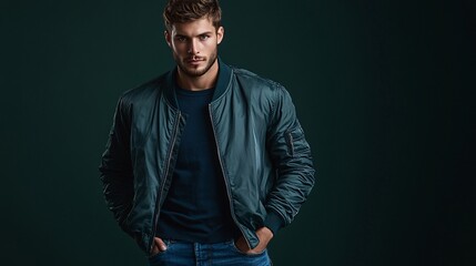 Casual urban style fashion photography featuring Caucasian male in bomber jacket and jeans, one hand in pocket, tousled hair, natural look with a touch of sophistication