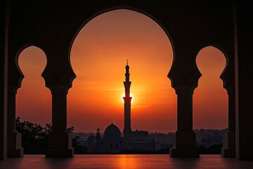 Wall Mural - Mosque sunset islamic frame, vertical image, social media story, Ramadan or islamic concept wallpaper , ai