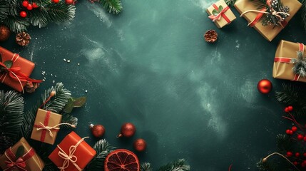 Christmas composition is lying on a dark green background and decorated with ornaments, pine branches, and gift boxes with red ribbons. Backdrop with copy space