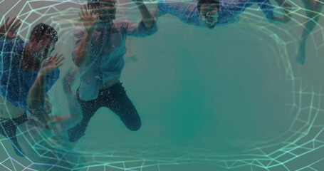 Poster - People swimming underwater with geometric grid animation over scene