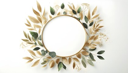 luxurious botanical gold wedding frame elements on white background include circle shapes, glitters,