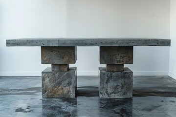 A large table made of concrete blocks sits in a room with white walls