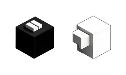 Black and white Cube logo, geometric vector design. Set box logotype company, trendy techno emblem in isometric 3D style.