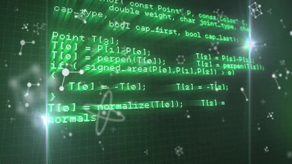 Poster - Programming code and mathematical formulas animation over green digital background
