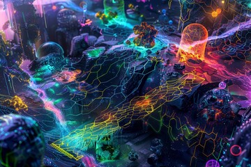 Wall Mural - Computer generated futuristic landscape highlighting interconnected mining pools, Showcasing the interconnectedness of mining pools in a dynamic and vibrant composition