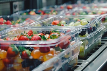 Sticker - Plastic containers filled with a variety of fresh fruits, Showcasing the role of packaging and labeling in promoting food safety awareness