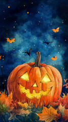 Wall Mural - halloween cute pumpkin with a scary face art illustration