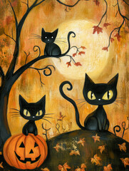 Wall Mural - halloween cat with pumpkin with a scary face art illustration