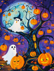 Wall Mural - halloween cute ghost with pumpkin and scary face art illustration
