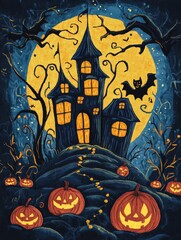 Wall Mural - halloween cute pumpkin with a scary face art illustration
