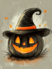 Wall Mural - halloween cute pumpkin with a scary face art illustration