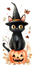 Wall Mural - halloween cat with pumpkin with a scary face art illustration