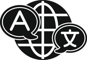 Poster - black and white vector illustration of a globe with two speech bubbles containing letters from the l