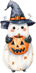 Wall Mural - halloween cute ghost with pumpkin and scary face art illustration